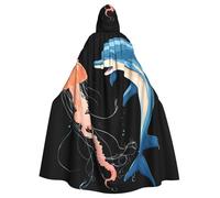 YYHWHJDE Dolphin And Jellyfish Encounter Pattern Halloween Adult Hooded Cape Cloak No Zipper, Comfortable For Costume Parties
