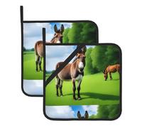 YYHWHJDE Donkey on green meadow Pattern Square Insulated Pot Mat 2-piece Set for Heat Insulation During Lid Removal, Microwave, Oven, and Outdoor Grilling Use