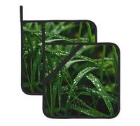 YYHWHJDE Drizzle Moistens The Grass Pattern Square Insulation Pot Mat 2 Pieces Thick and durable with lanyard for Microwave Ovens, Ovens, Outdoor Grilling