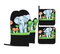 YYHWHJDE Elephant in The Mushroom Garden Pattern Kitchen Baking 4-Piece Set - Insulated Oven Mitt and Pot Holders Anti-scalding and Heat Insulation