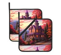 YYHWHJDE Fairy Tale Cottage Pattern Square Insulated Pot Mat 2-piece Thick Durable for Heat Insulation for Microwave, Oven, and Outdoor Grilling