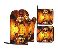 YYHWHJDE Firefighter Fireman Flame Print Oven Mitts and Pot Holders Set, Waterproof Polyester, Black, 21 x 21 cm, 4 Piece