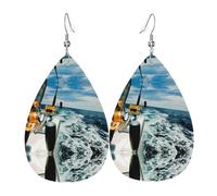 YYHWHJDE Fishing Reels On A Boat Prints Teardrop Leather Earrings - Lightweight Dangle Earrings for Women, Vivid Faux Leather Drops with Silver Plated Hooks, Chic Jewelry for Parties & Gifts