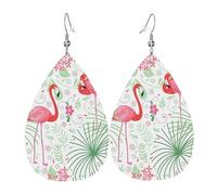 YYHWHJDE Floral Flamingo Botany Prints Teardrop Leather Earrings - Fashionable Dangle Earrings for Women, Lightweight Faux Leather Drops with 925 Silver Plated Hooks