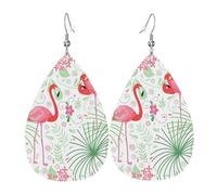 YYHWHJDE Floral Flamingo Botany Prints Teardrop Leather Earrings - Lightweight Dangle Earrings for Women, Vivid Faux Leather Drops with Silver Plated Hooks, Chic Jewelry for Parties & Gifts