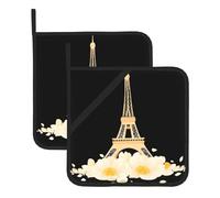 YYHWHJDE Flower Petals The Eiffel Tower Prints Square Insulated Pot Mat Set (2-Piece) 8x8in Waterproof, Thickened & Easy to Clean with Lanyard Design for Kitchen, Oven & BBQ