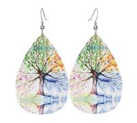 YYHWHJDE Four Seasons Spring Tree Prints Teardrop Leather Earrings - Fashionable Dangle Earrings for Women, Lightweight Faux Leather Drops with 925 Silver Plated Hooks