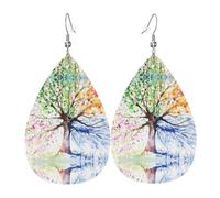 YYHWHJDE Four Seasons Spring Tree Prints Teardrop Leather Earrings - Lightweight Dangle Earrings for Women, Vivid Faux Leather Drops with Silver Plated Hooks, Chic Jewelry for Parties & Gifts