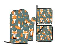 YYHWHJDE Fox Print Oven Mitts and Pot Holders Set, Waterproof Polyester, Heat-Resistant, 4 Piece