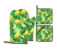 YYHWHJDE Fresh Lemon Green Prints Heavy-Duty Oven Layers: 4-Piece Waterproof, Heat Resistant Kitchen Protection Set for Safe Handling & Long-Lasting Durability