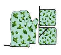 YYHWHJDE Fresh Mint Prints Heavy-Duty Oven Layers: 4-Piece Waterproof, Heat Resistant Kitchen Protection Set for Safe Handling & Long-Lasting Durability