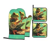 YYHWHJDE Frog Playing Guitar Prints Kitchen Baking 4-Piece Set - Insulated Oven Mitt and Pot Holders Anti-scalding and Heat Insulation