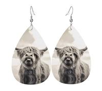 YYHWHJDE Funny Highland Cow Prints Teardrop Leather Earrings - Lightweight Dangle Earrings for Women, Vivid Faux Leather Drops with Silver Plated Hooks, Chic Jewelry for Parties & Gifts