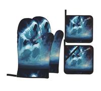 YYHWHJDE Ghost Playing Guitar Prints Kitchen Baking 4-Piece Set - Insulated Oven Mitt and Pot Holders Anti-scalding and Heat Insulation