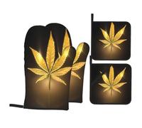 YYHWHJDE Golden Cannabis Prints 4-Piece Quality Kitchen Protection Set - Heatproof Throws & Covers for Grilling, Baking & Safe Handling