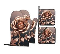 YYHWHJDE Golden Rose Prints Heavy-Duty Oven Layers: 4-Piece Waterproof, Heat Resistant Kitchen Protection Set for Safe Handling & Long-Lasting Durability