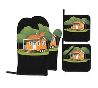 YYHWHJDE Gorgeous Tiny House Pattern Kitchen Baking 4-Piece Set - Insulated Oven Mitt and Pot Holders Anti-scalding and Heat Insulation