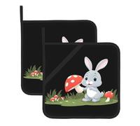 YYHWHJDE Gray Rabbit Pulling Mushrooms Prints Square Insulated Pot Mat Set (2-Piece) 8x8in Waterproof, Thickened & Easy to Clean with Lanyard Design for Kitchen, Oven & BBQ