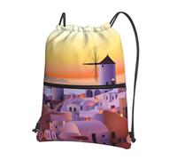 YYHWHJDE Greece Island Sunset Landscape Prints Drawstring Backpack Waterproof Gym Bag - Lightweight Foldable Sport Cover with Zipper Pocket for Travel Hiking