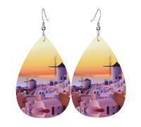 YYHWHJDE Greece Island Sunset Landscape Prints Teardrop Leather Earrings - Fashionable Dangle Earrings for Women, Lightweight Faux Leather Drops with 925 Silver Plated Hooks