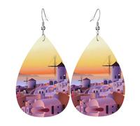 YYHWHJDE Greece Island Sunset Landscape Prints Teardrop Leather Earrings - Lightweight Dangle Earrings for Women, Vivid Faux Leather Drops with Silver Plated Hooks, Chic Jewelry for Parties & Gifts