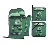 YYHWHJDE Green Bear Holding an Umbrella Printed Kitchen Baking Set of 4 Thick Insulated Oven Mitt & Pot Holders, Anti-Scalding for Microwave, Oven, Outdoor BBQ