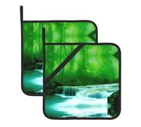 YYHWHJDE Green Trees Small Waterfalls Prints Square Hot Pad Set of 2 - Waterproof Kitchen Pot Holders, Heat Resistant Trivets for Countertop, Oven & Grill - Durable Table Layer