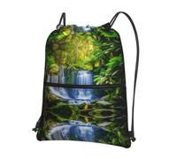 YYHWHJDE Green Tropical Plants And Waterfall Prints Drawstring Backpack - Lightweight Waterproof Gym Bag with Zipper Pocket - Ideal for Travel, Yoga & Sports