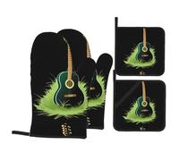 YYHWHJDE Guitar on The Grass Prints Kitchen Baking 4-Piece Set - Insulated Oven Mitt and Pot Holders Anti-scalding and Heat Insulation