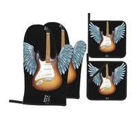 YYHWHJDE Guitar Wings Prints Kitchen Baking 4-Piece Set - Insulated Oven Mitt and Pot Holders Anti-scalding and Heat Insulation
