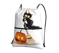 YYHWHJDE Halloween Black Cats Pumpkin Prints Drawstring Backpack Waterproof Gym Bag - Lightweight Foldable Sport Cover with Zipper Pocket for Travel Hiking