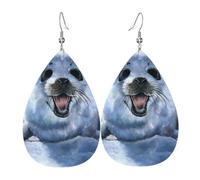 YYHWHJDE Harp Seal Painting Wallpaper Prints Teardrop Leather Earrings - Lightweight Dangle Earrings for Women, Vivid Faux Leather Drops with Silver Plated Hooks, Chic Jewelry for Parties & Gifts