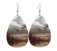 YYHWHJDE Hunting Flying Wild Ducks Prints Drip Leather Earrings - Chic Faux Leather Drops for Holiday & Everyday Glam