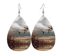 YYHWHJDE Hunting Flying Wild Ducks Prints Teardrop Leather Earrings - Fashionable Dangle Earrings for Women, Lightweight Faux Leather Drops with 925 Silver Plated Hooks