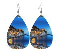 YYHWHJDE Italy Sea at Sunset Prints Teardrop Leather Earrings - Vibrant Dangle Layers for Women, Lightweight Fashion Jewelry for Parties & Everyday Wear