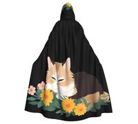 YYHWHJDE Kitten Taking A Nap In Front Of Flowers Pattern Halloween Adult Hooded Cape Cloak For Role-Playing, Stage Costumes, Parties Easy Care