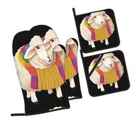 YYHWHJDE Knitting sheep Pattern Kitchen baking four-piece set Includes 2 Insulated Gloves and 2 Pot Lid Pads with Pockets anti-scalding and heat-insulating