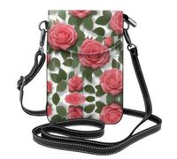 YYHWHJDE Leather Crossbody Small Cell Phone Purse 7.6x4.9in Beautiful Pink Roses Pattern For Walking, Camping, Shopping, Travel, And Outdoor Use