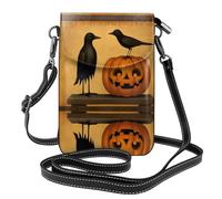 YYHWHJDE Leather Crossbody Small Cell Phone Purse 7.6x4.9in Blackbird And Pumpkin Pattern For Walking, Camping, Shopping, Travel, And Outdoor Use
