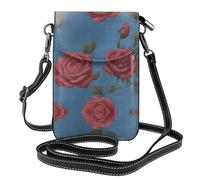 YYHWHJDE Leather Crossbody Small Cell Phone Purse 7.6x4.9in Blue Background With Pink Roses Pattern For Walking, Camping, Shopping, Travel, And Outdoor Use
