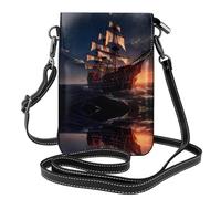 YYHWHJDE Leather Crossbody Small Cell Phone Purse 7.6x4.9in Boat Sailing In Sunset Pattern For Walking, Camping, Shopping, Travel, And Outdoor Use