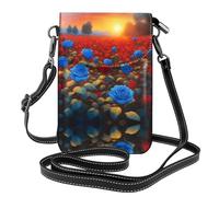 YYHWHJDE Leather Crossbody Small Cell Phone Purse 7.6x4.9in Bright Blue Roses Pattern For Walking, Camping, Shopping, Travel, And Outdoor Use