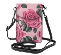YYHWHJDE Leather Crossbody Small Cell Phone Purse 7.6x4.9in Bright Pink Roses Pattern For Walking, Camping, Shopping, Travel, And Outdoor Use