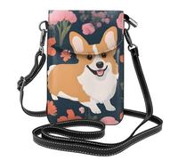 YYHWHJDE Leather Crossbody Small Cell Phone Purse 7.6x4.9in Corgi Floral Flowers Pattern For Walking, Camping, Shopping, Travel, And Outdoor Use