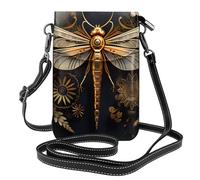YYHWHJDE Leather Crossbody Small Cell Phone Purse 7.6x4.9in Gold Exquisite Dragonfly Pattern For Walking, Camping, Shopping, Travel, And Outdoor Use