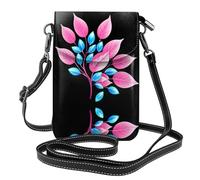 YYHWHJDE Leather Crossbody Small Cell Phone Purse 7.6x4.9in Pink Leaves With Blue Gemstones Pattern For Walking, Camping, Shopping, Travel, And Outdoor Use
