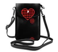YYHWHJDE Leather Crossbody Small Cell Phone Purse 7.6x4.9in Red And Black Plaid Love Pattern For Walking, Camping, Shopping, Travel, And Outdoor Use