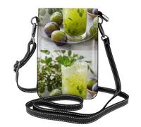 YYHWHJDE Leather Crossbody Small Cell Phone Purse 7.6x4.9in Refreshing Green Plum Drink Pattern For Walking, Camping, Shopping, Travel, And Outdoor Use