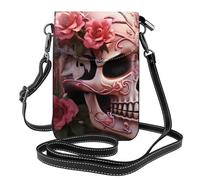 YYHWHJDE Leather Crossbody Small Cell Phone Purse 7.6x4.9in Sugar Horror Skull Flowers Rose Pattern For Walking, Camping, Shopping, Travel, And Outdoor Use