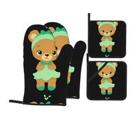 YYHWHJDE Little bear with green headband Pattern Oven Mitts and Pot Holders Set of 4 Kitchen baking Thick and durable, anti-scalding and heat-insulating